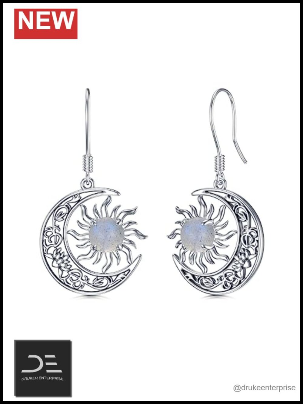 Sun and Moon Earrings 925 Sterling Silver Labradorite Filigree Crescent Moon